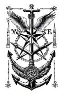Nautical star, Swallow x6, Anchor, Hula Girl, Shellback Turtle, Crossed Cannons, King Neptune, Compass Rose tattoo design idea