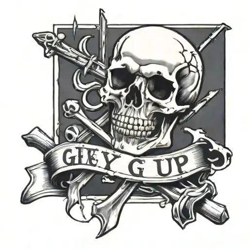 An old school style of a reminder not to give up, with a skull and bones with a black band around it  tattoo design idea
