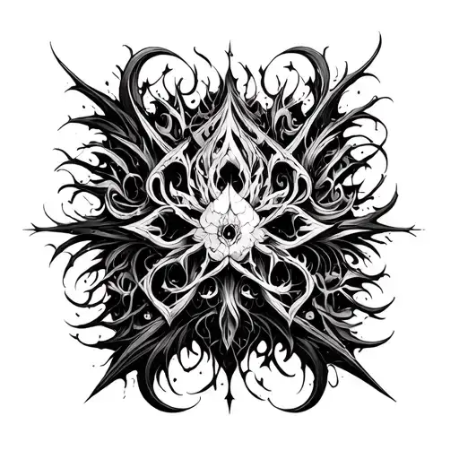 Intricate blackwork tattoo design in abstract gothic style, vertical layout, chaotic spiked linework, corrupted baroque tattoo design idea