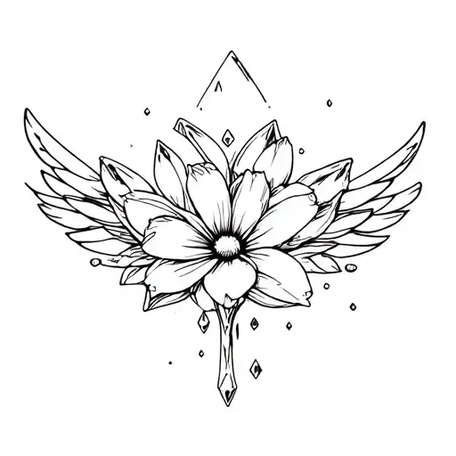 Crystal flower in the middle, surrounded by tiny crystals and wings. tattoo design idea