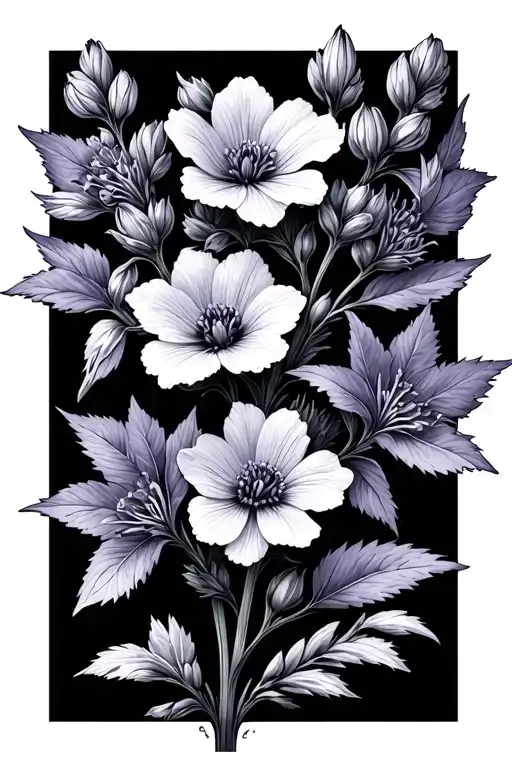 larkspur flower with stem and violet flowerwith stem intertwined black and grey tattoo design idea
