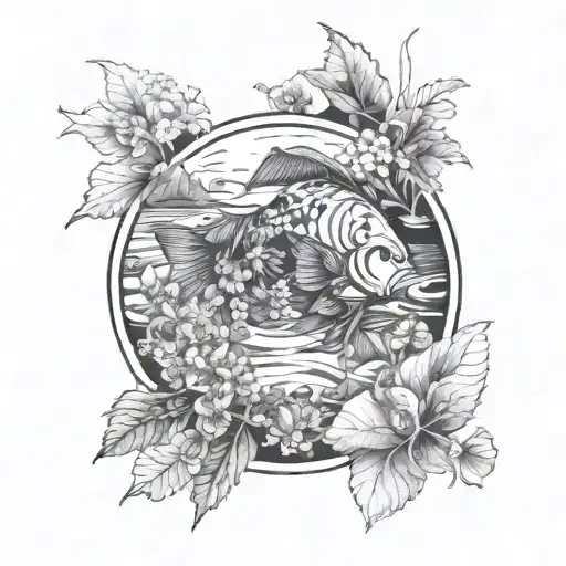 A poker chip with a fish design on it, surrounded by lush garden scenery tattoo design idea