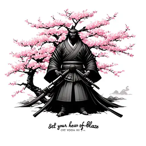 Samurai standing in front of a cherry blossom tree with the words, set your heart of blaze tattoo design idea