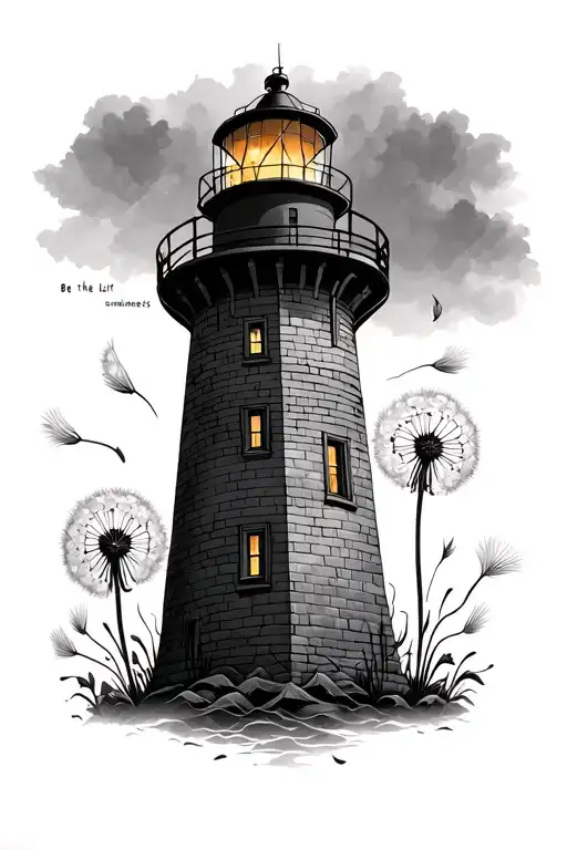 Lighthouse with dandelion seeds and the words" be the light in someone's darkness  tattoo design idea