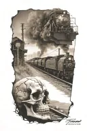railroad train tracks going into the distance with skulls and horsepower engine parts tattoo design idea