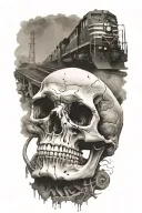 railroad train tracks going into the distance with skulls and horsepower engine parts tattoo design idea