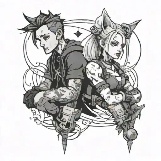 vi and jinx from arcane. simple line work. tattoo design idea