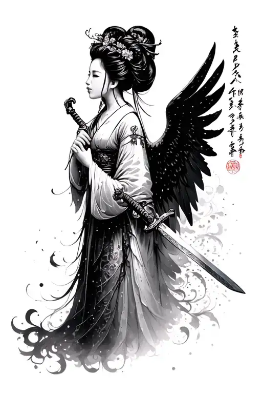 A geisha or an angel holding a sword with gothic calligraphy script on the right and gothic flow on the right tattoo design idea