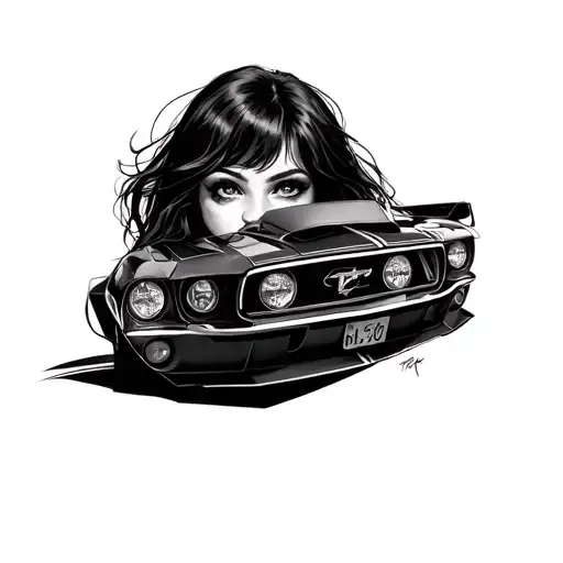 girl face, mustang car tattoo design idea