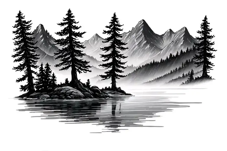 5 pine trees, mountains and water tattoo design idea