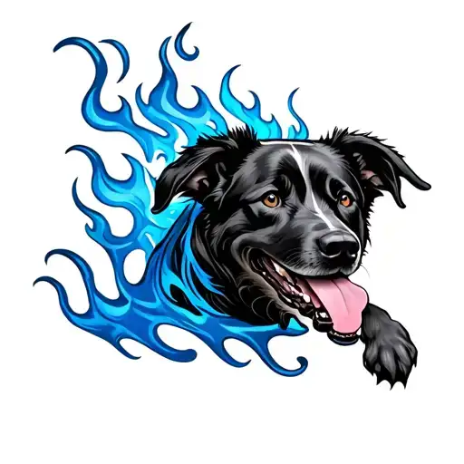 flame arm tattoo with blue heeler tattoo design idea