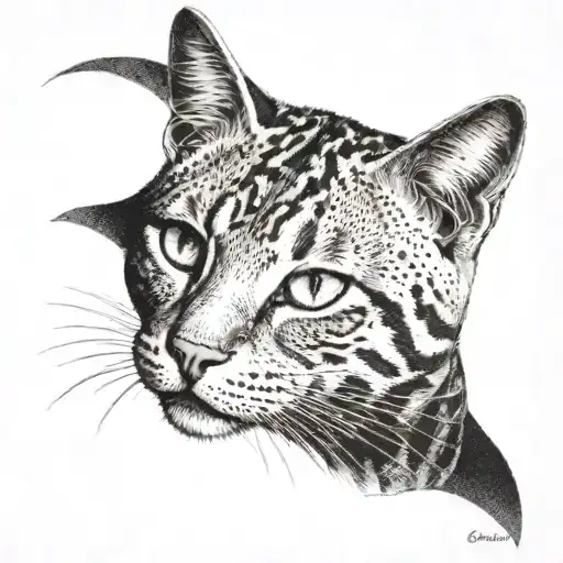 Tabby cat dot work stretching downwards tattoo design idea
