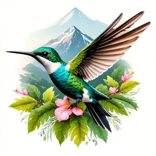 humming bird mountain forest tattoo design idea