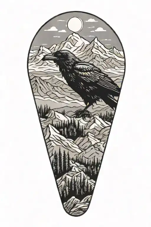 Raven in front of mountains panorama capturing tattoo design idea