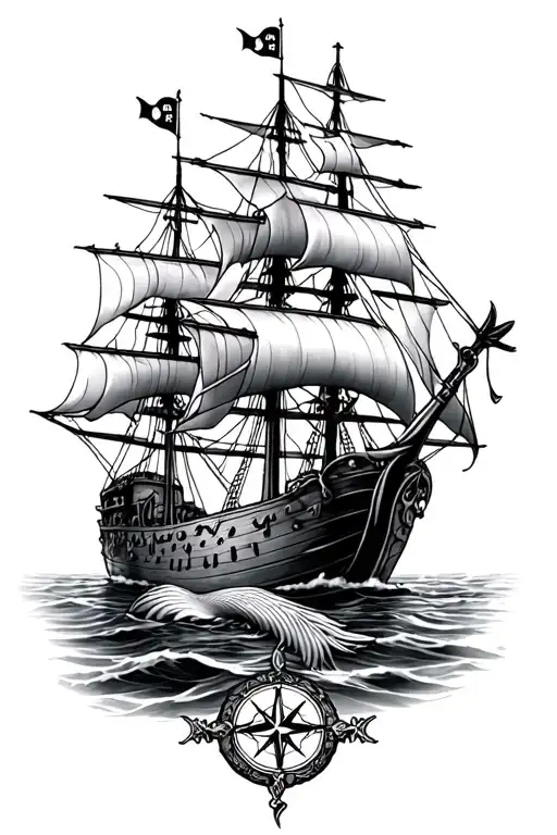 pirate ship, anchor, compass, mermaid tattoo design idea