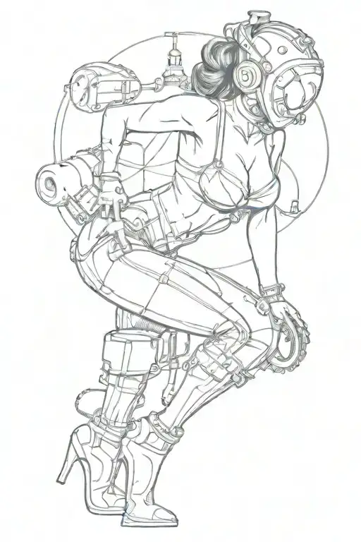 sexy pin up donning welding mask and lingerie, big, round ass,  over on her knees using torch, she's very fit. not weird tattoo design idea