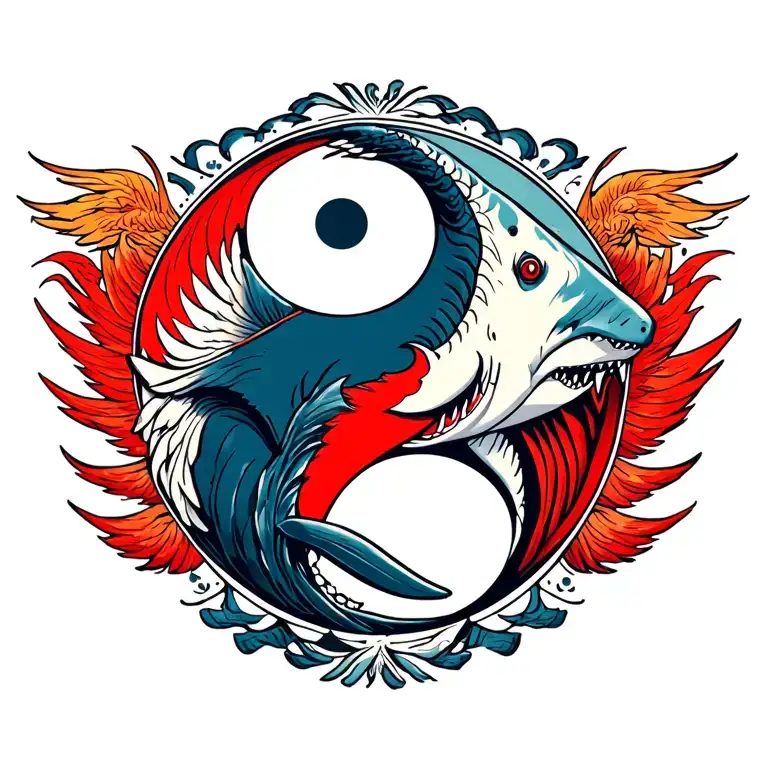 ying yang, great white shark whit a red fenix tattoo design idea