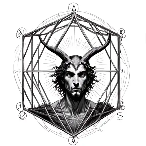 vetruvian man inside metatrons cube shaped cage with Capricorn sigil and radiating halo tattoo design idea
