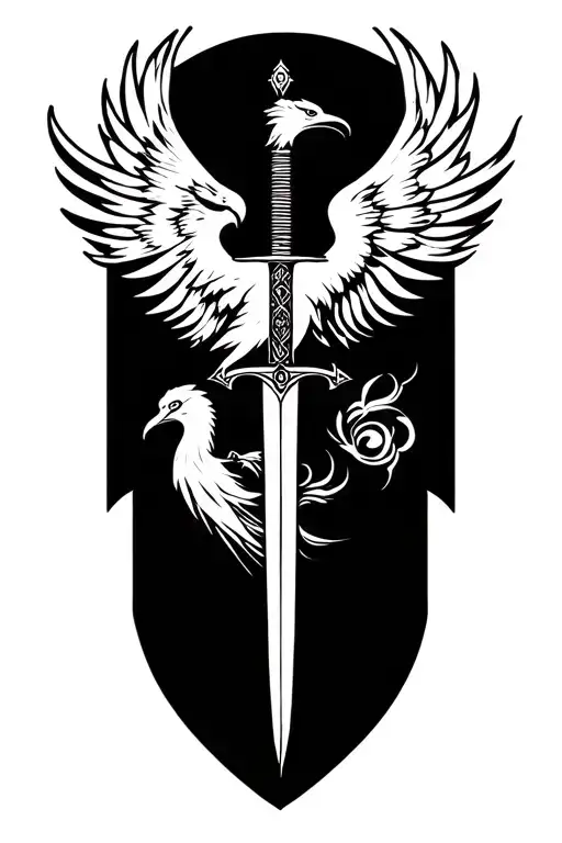 sword and a phoenix with discipline symbolism. tattoo design idea