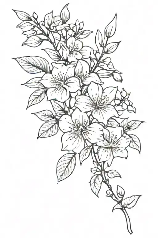 jasmine, orange blossom, freesia, and rose connecting through stems with leaves coming out tattoo design idea