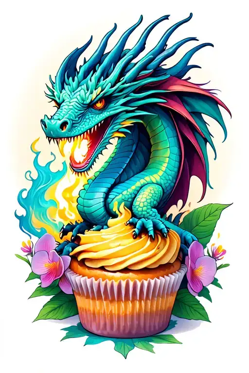 dragon breathing fire on a cupcake with orchids tattoo design idea