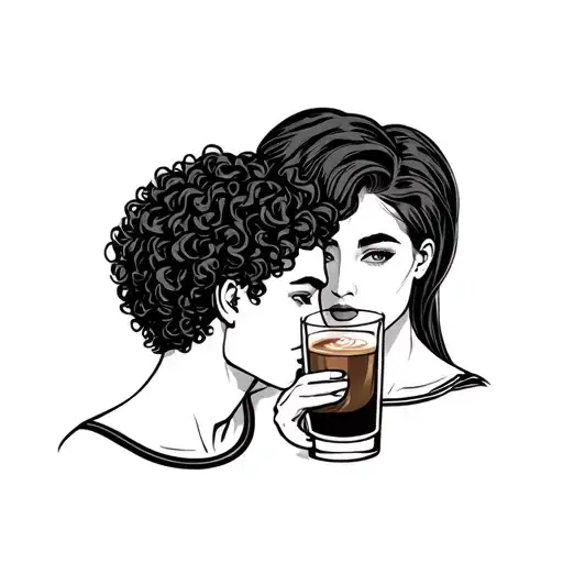 two friends, curly hair and straight hair, glass of gin and coffee tattoo design idea