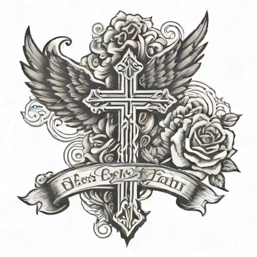 cross with wings with praying hands that says blessed up to a stair case to heaven with a rose tattoo design idea