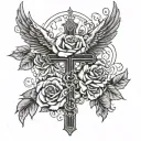 cross with wings with praying hands that says blessed up to a stair case to heaven with a rose tattoo design idea
