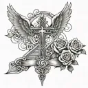 cross with wings with praying hands that says blessed up to a stair case to heaven with a rose tattoo design idea