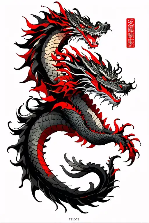 "Powerful yet elegant, intricat" A dynamic, fierce dragon design wrapping around the upper arm, black ink with vibrant red accents, detailed scales,  tattoo design idea