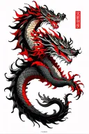 "Powerful yet elegant, intricat" A dynamic, fierce dragon design wrapping around the upper arm, black ink with vibrant red accents, detailed scales,  tattoo design idea