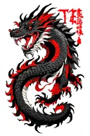 "Powerful yet elegant, intricat" A dynamic, fierce dragon design wrapping around the upper arm, black ink with vibrant red accents, detailed scales,  tattoo design idea