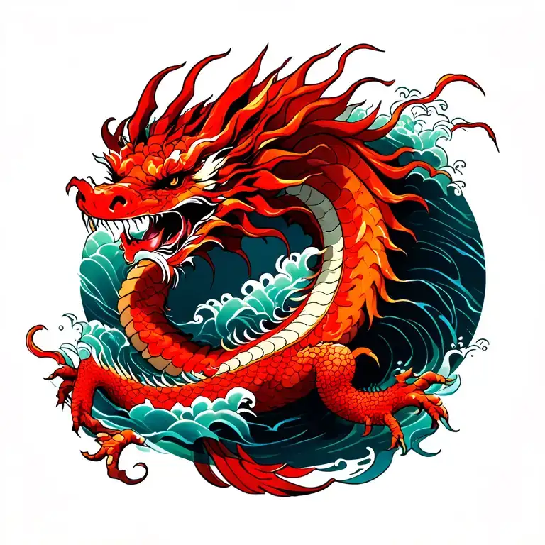 Red dragon in sea tattoo design idea