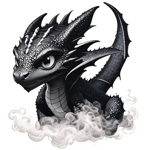 Toothless, from How To Train Your Dragon, but represented as a swirling smoke tattoo design idea