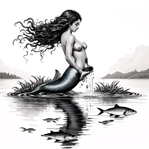 mermaid pouring water into a lake of fish  tattoo design idea