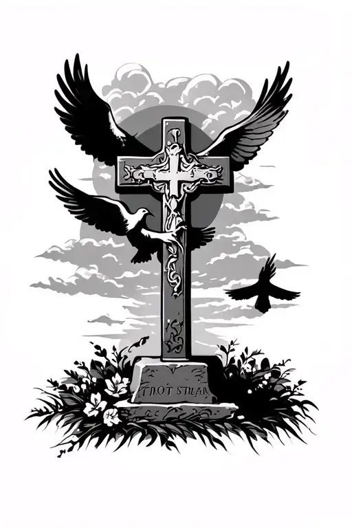 big cross tattoo with small tombstone in background,  doves, sky/clouds in background with black shading around and RIP  tattoo design idea