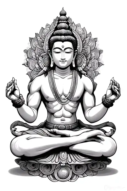 "He have 6 arms" "Bracelets and necklace spheres"being inspired by Buddhist gods that is muscular and is sitting cross-legged meditating tattoo design idea