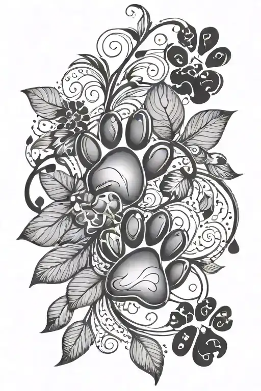 4 paw prints with vine wrapping around them with dotted hearts and circles as the leaves, minimalistic and elegant tattoo design idea
