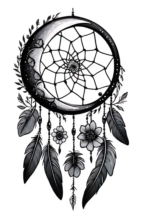 Crescent moon as a Dreamcatcher with feathers at the bottom and flowers tattoo design idea