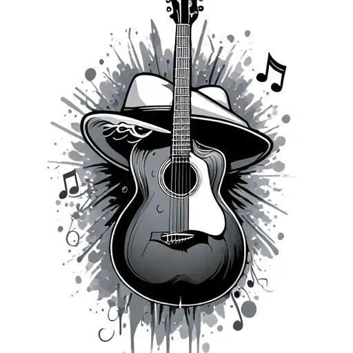 A flamenco guitar inclined and hanging from the guitar a Cordoba hat and adds a musical note tattoo design idea