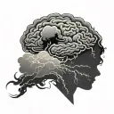 brain shaped storm cloud with lightning moon above  black and grey  silhouette of a family of four tattoo design idea
