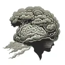 brain shaped storm cloud with lightning moon above  black and grey  silhouette of a family of four tattoo design idea