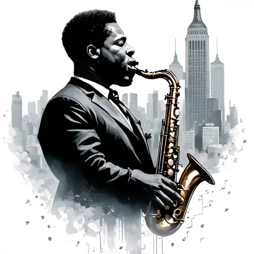 A jazz musician playing the saxophone, the music coming out of the saxophone forms an dream-like cityscape of nyc tattoo design idea