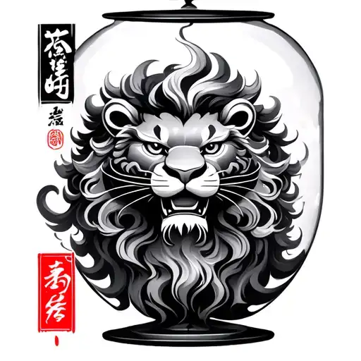 Chinese faith word lion hour glass tattoo design idea