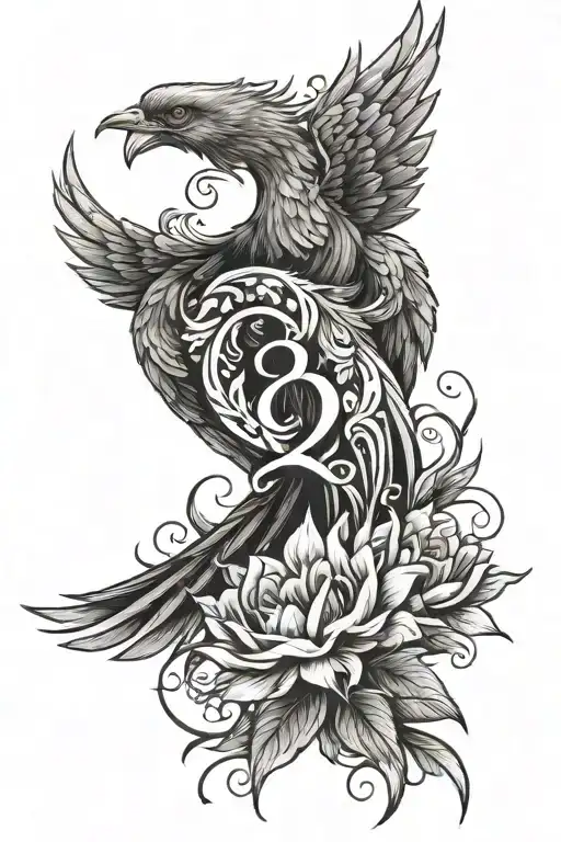 phoenix and number 8 and word Healing or Breathe with some flowers tattoo design idea