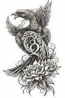 phoenix and number 8 and word Healing or Breathe with some flowers tattoo design idea