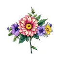 chrysanthemum, violet, primrose, morning glory and aster flower heads on a single vine tattoo design idea