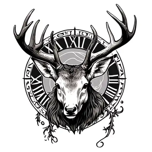 Dead dear head with Roman numeral dates in the stem of the antler tattoo design idea