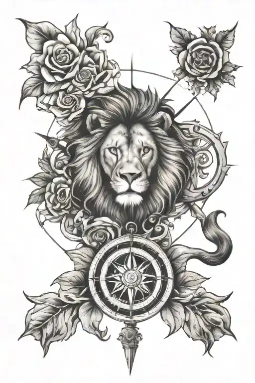lion, compass, rose and inkh tattoo design idea