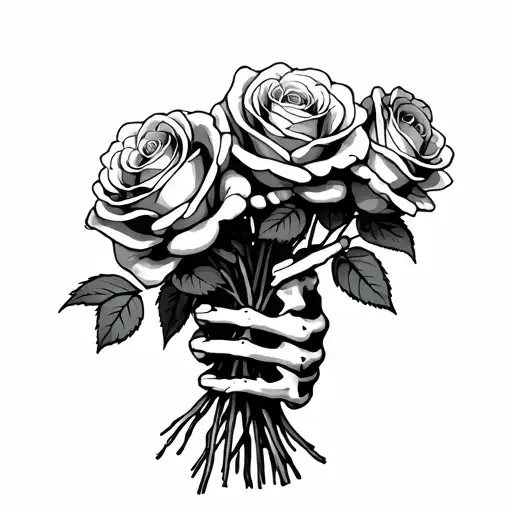 skeleton hand holding a bouquet of withered roses  tattoo design idea